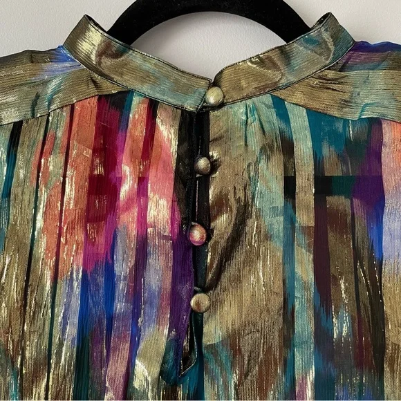 Saks 5th Avenue vintage silk metallic sheer gold blouse shoulder pads sz 4 - Picture 5 of 9